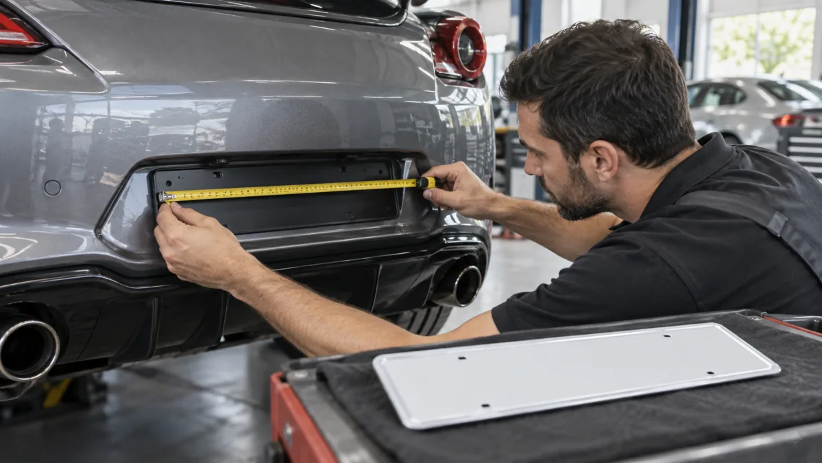 Técnico mede espaço de instalação de placa em veículo
