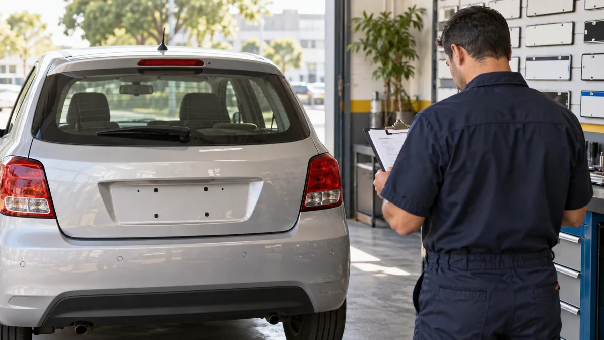 Veículo sem placa traseira em oficina de identificação veicular